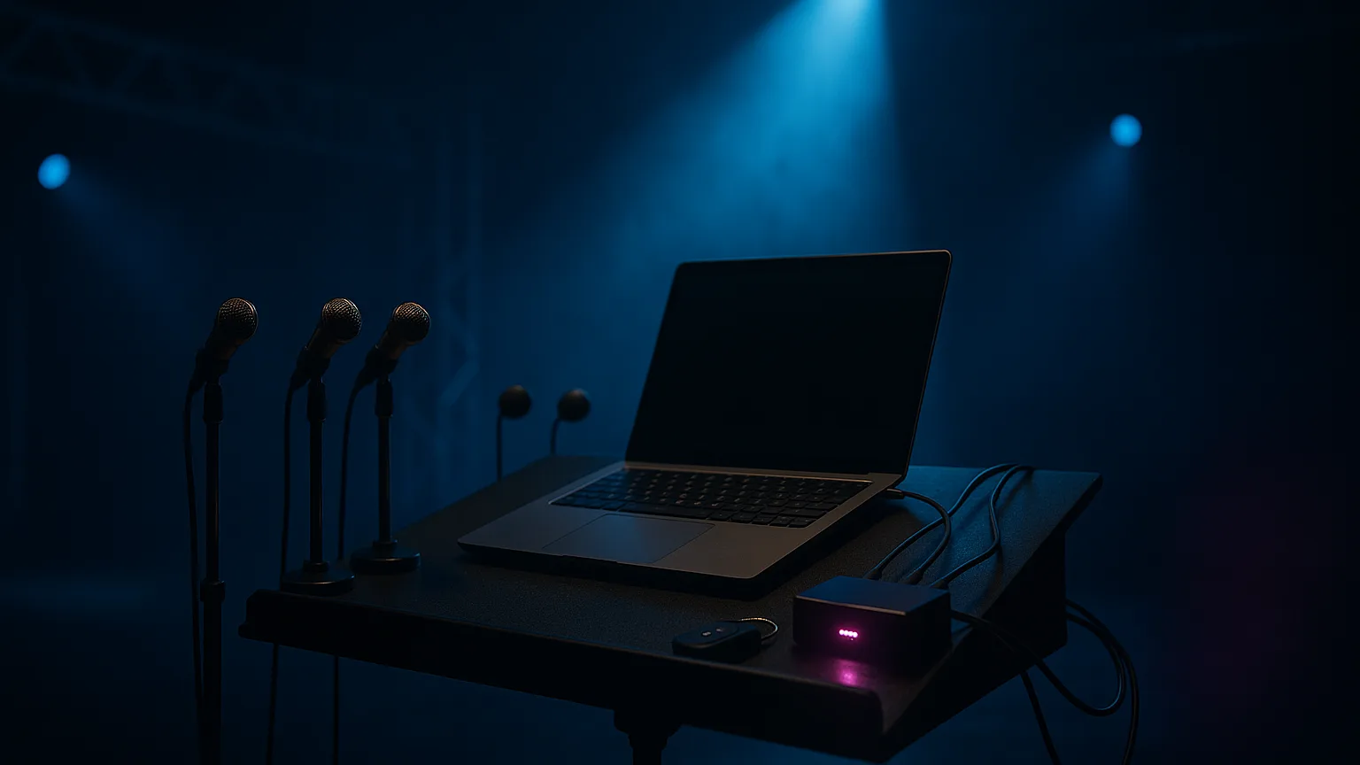 A conductor's podium at center stage holding an open laptop, with three small brass-cased microphones on stands feeding cables into a single glowing hub box beside it and a car key fob resting on the podium edge.
