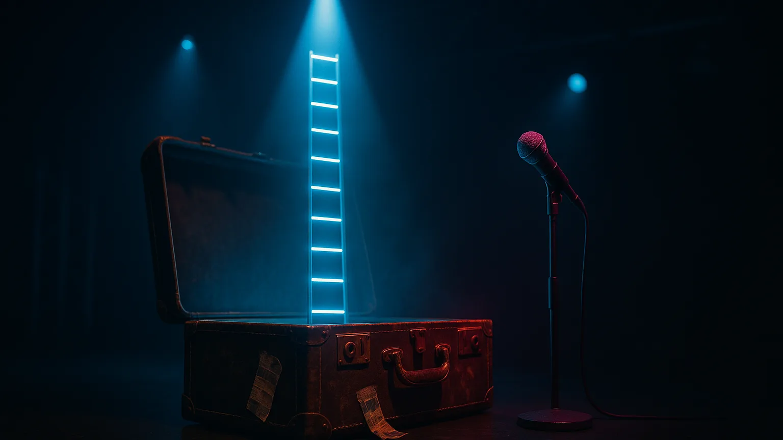 A battered leather suitcase covered in airline tags sits open on a dark concert stage, with a ladder of glowing blue rungs rising out of it into the spotlight beam and a single pink-lit microphone standing beside it.