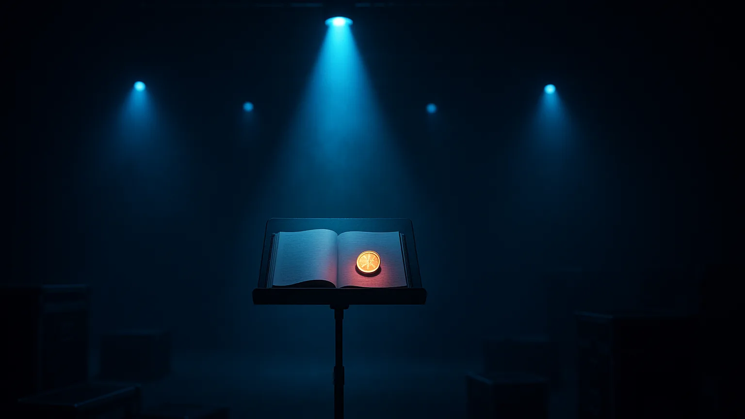 A conductor's podium at center stage holding an open ledger and a single glowing coin, with a thin funnel of blue light narrowing down onto it from the stage rig above and scattered unlit tool cases in the foreground