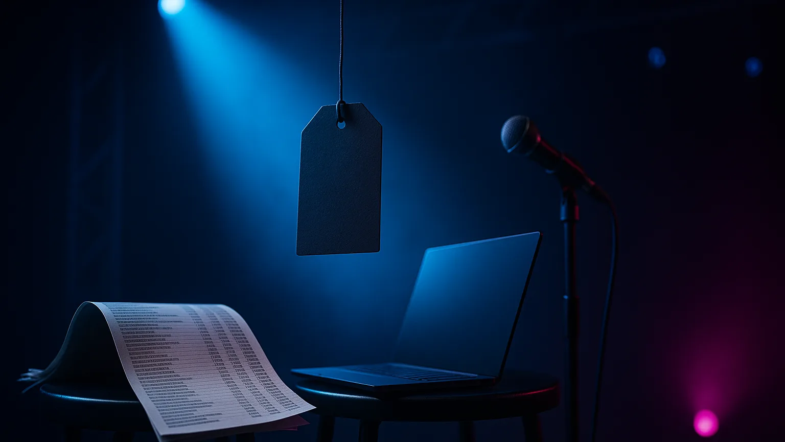 A single price tag hanging on a thin wire at center stage, tilted toward a closed laptop and a microphone on a stand, with a thick printed price list spilling off a stool in the foreground.