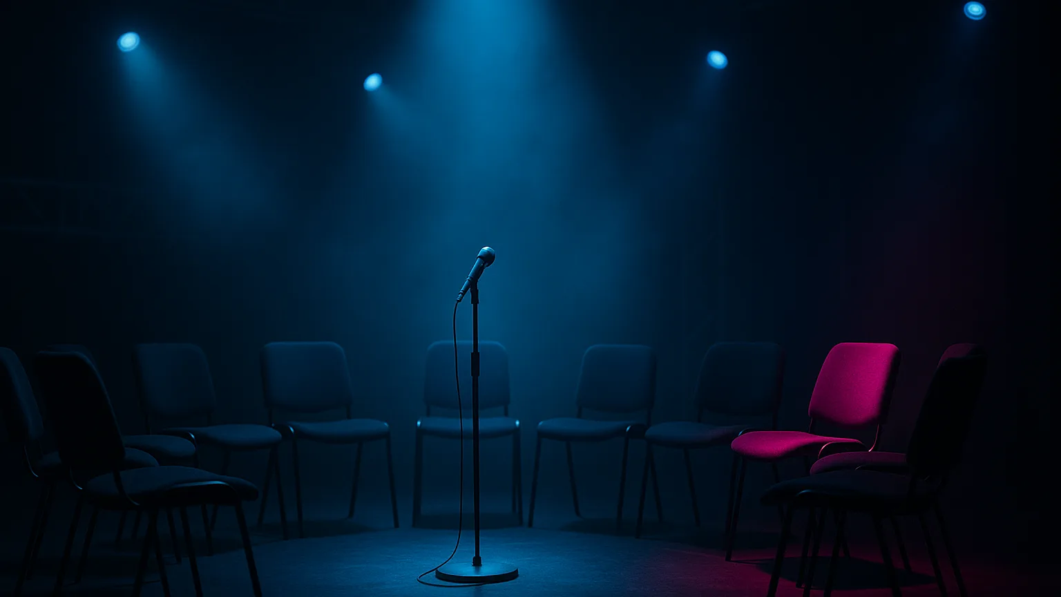 A ring of empty conference chairs facing inward around a single glowing microphone on a low stand at center stage, with one chair in the circle tilted back and lit by a small pink accent light, faint stage rig trusses behind.