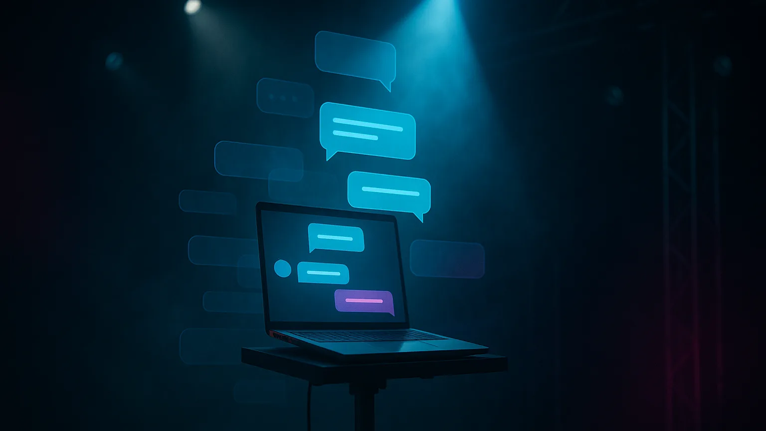 An AI chat on a laptop under a stage spotlight — context layers rising as chat bubbles