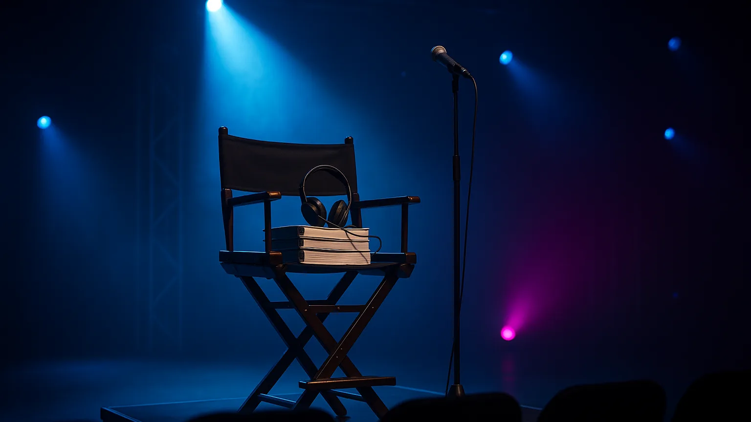 A single empty director's chair on a riser at center stage beside a lone microphone stand, with a stack of unopened training binders and a headset resting on the seat, and a row of dark empty chairs fanning out below it in the haze.