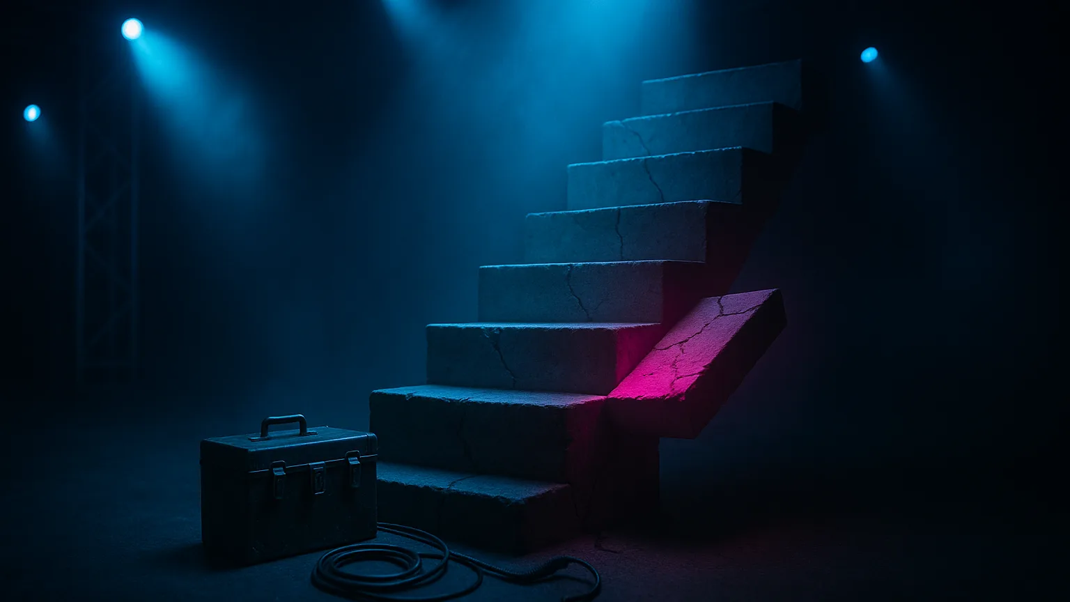 A dark concert stage holding a cracked concrete stairway whose steps veer abruptly sideways mid-climb, one displaced slab glowing pink while a battered apprentice's toolbox and a coiled headset cable sit at the base in the azure spotlight cone.