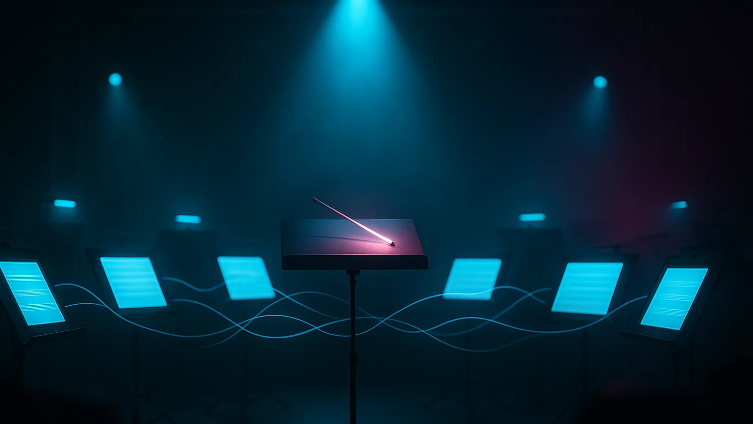 A conductor's podium with glowing baton orchestrating a semicircle of glowing screens