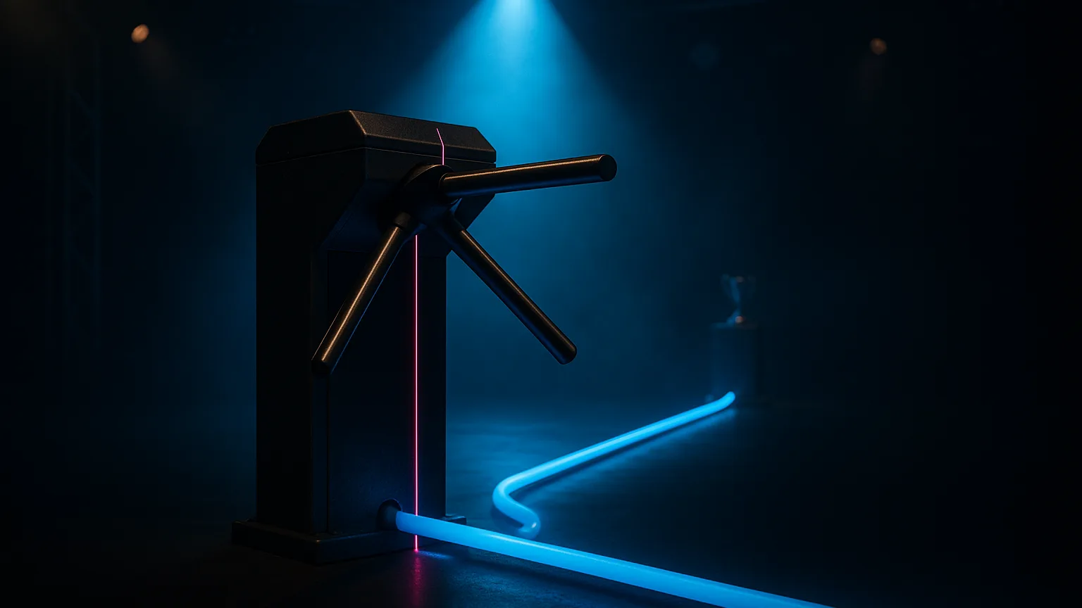 A single spotlit turnstile gate standing mid-stage with a glowing blue pipeline track running through it toward a small unlit trophy on a plinth, a thin pink laser line marking the gate.