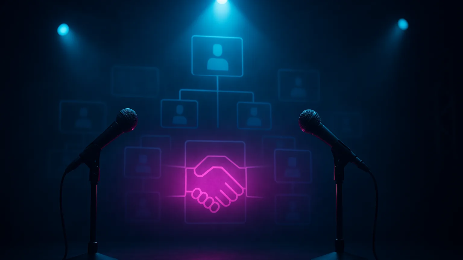 Two microphones facing each other on a dark stage with a glowing handshake between them