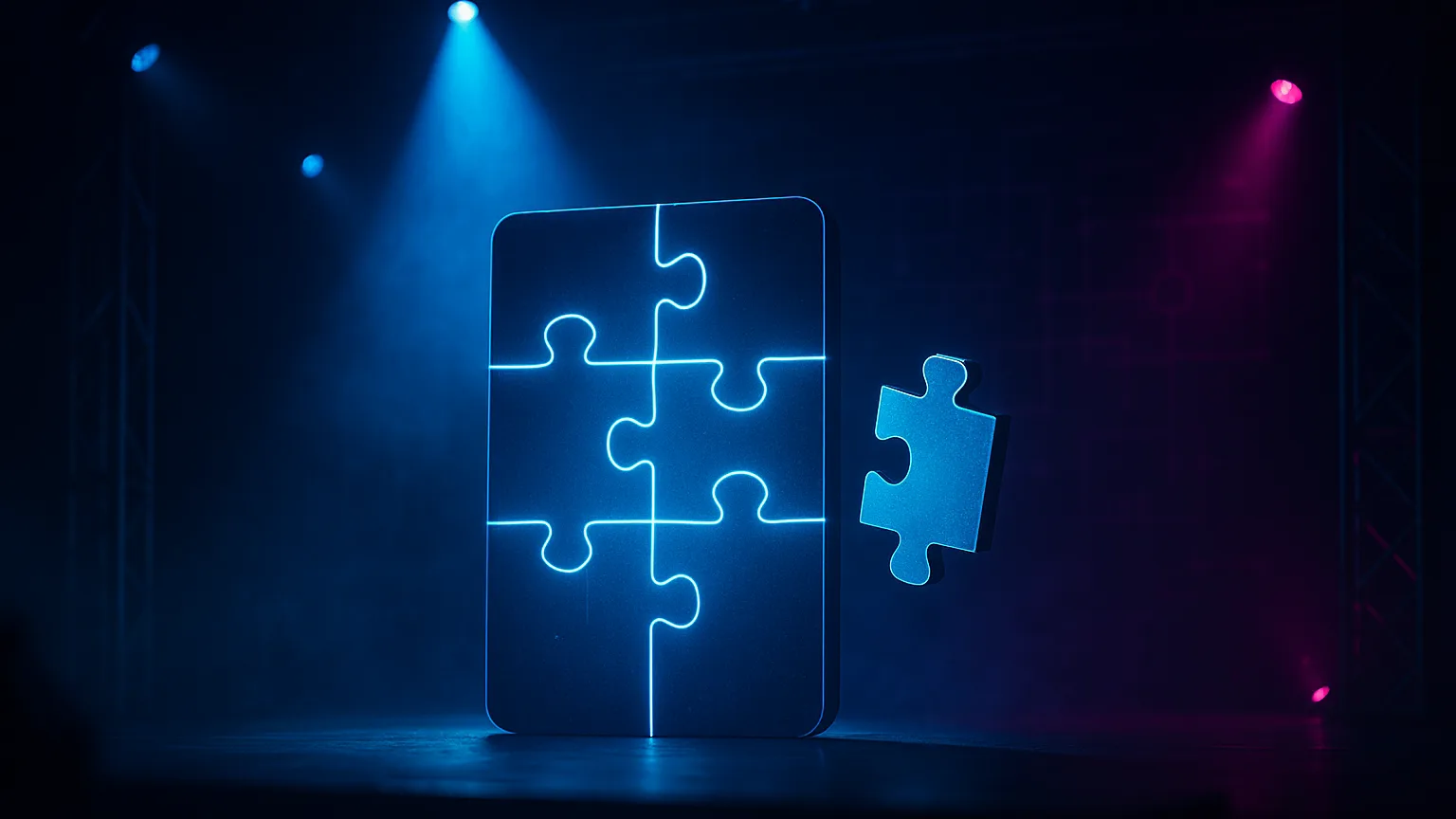 A glowing puzzle on a dark stage with its missing piece hovering in the spotlight