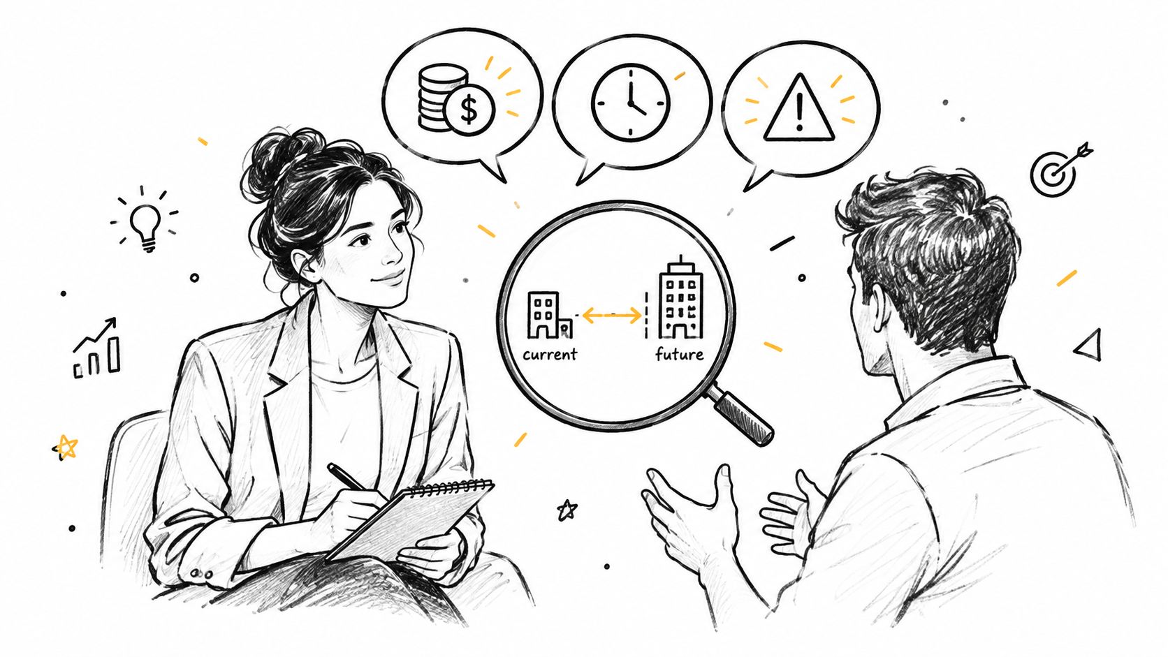 A professional woman interviewing a man about future business planning with financial and time management icons.