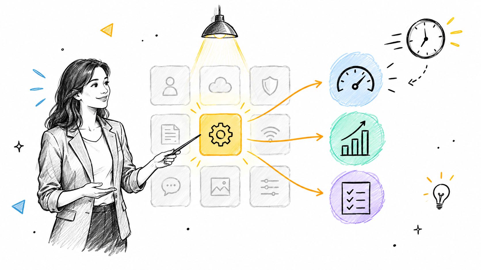 A professional businesswoman pointing at a flowchart illustrating process optimization, performance metrics, and business strategy icons.