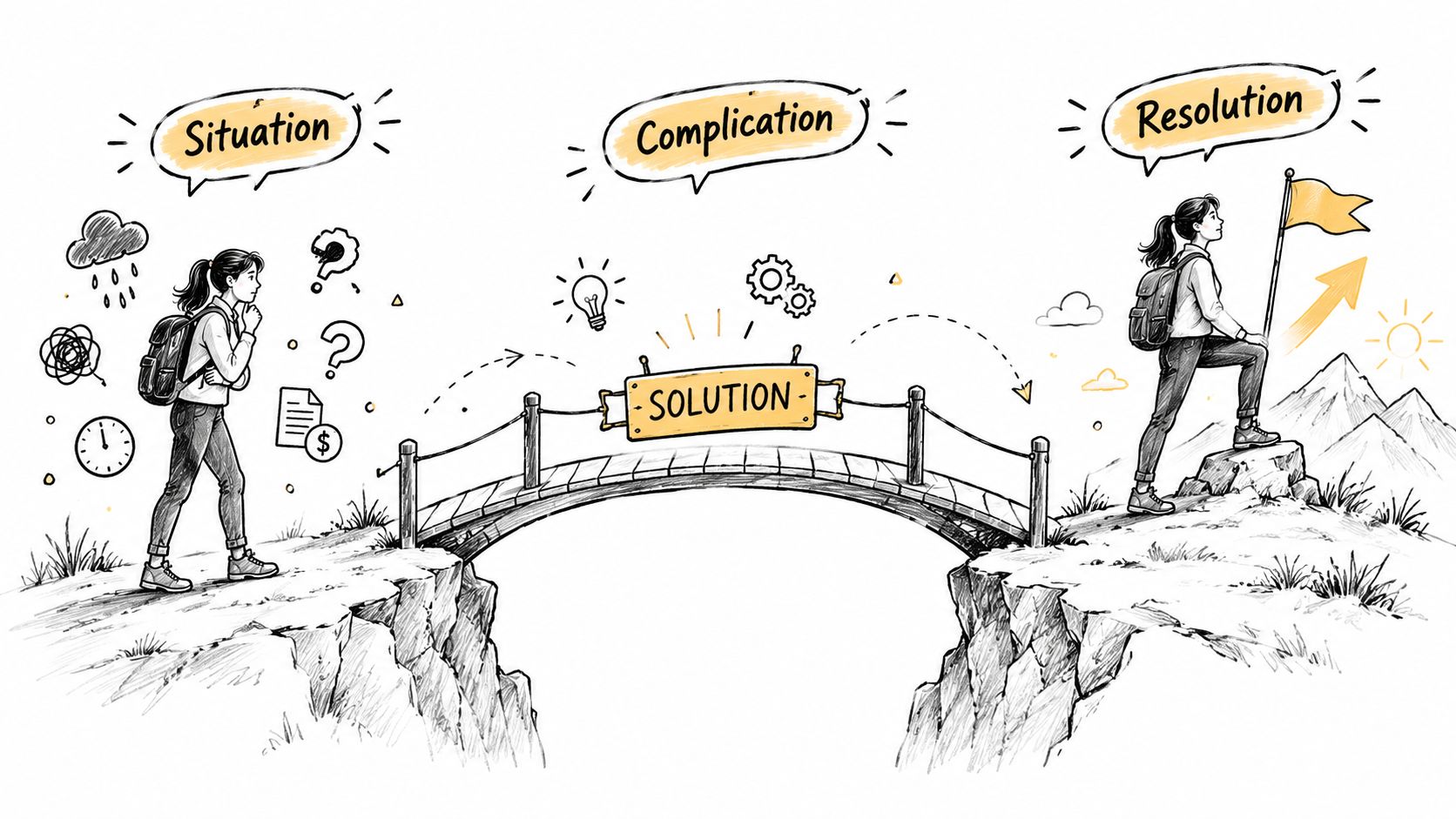 A conceptual illustration showing a person navigating from a complex situation to a successful resolution via a bridge.