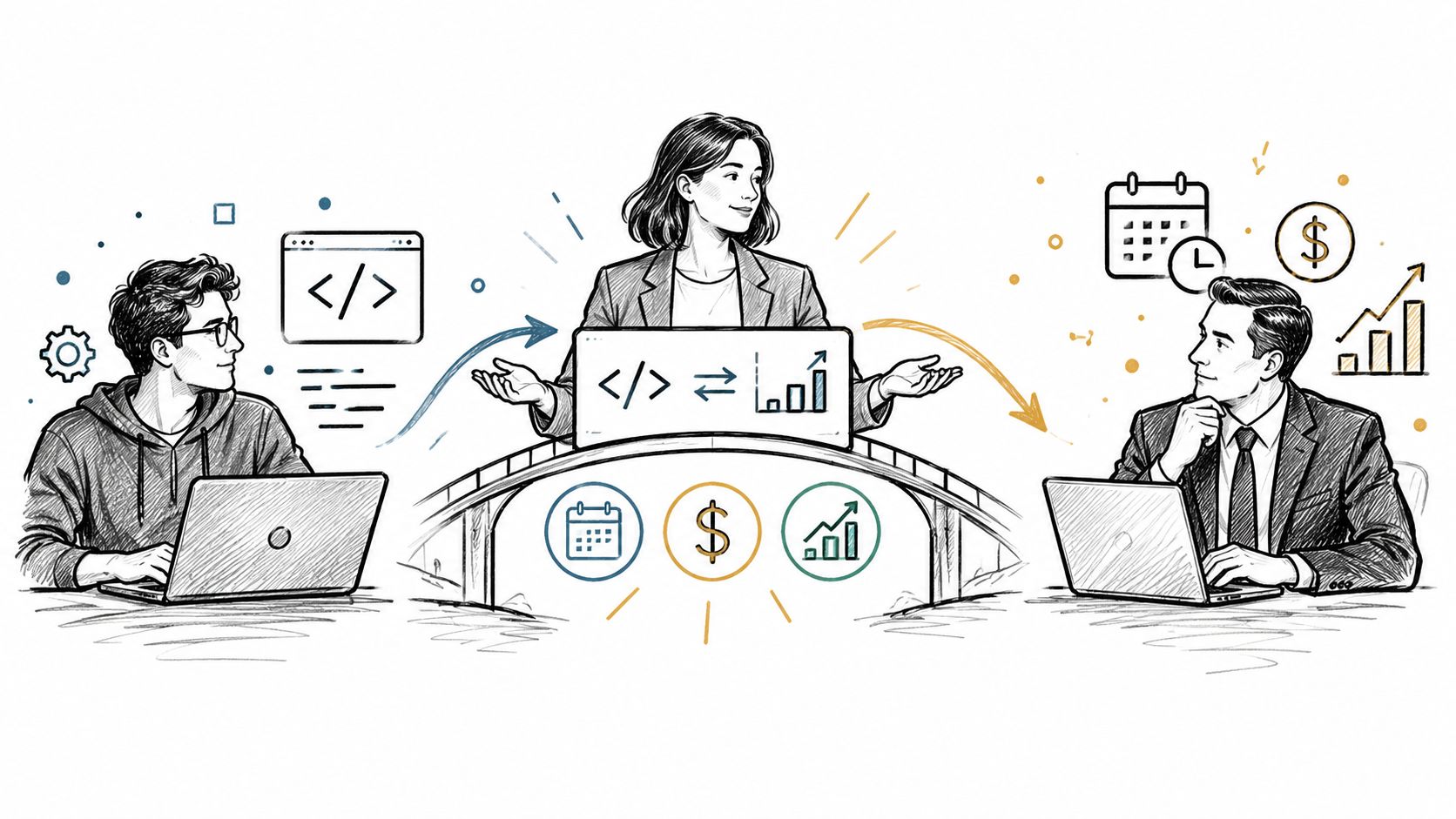A woman acting as a bridge between a software developer and a business professional.