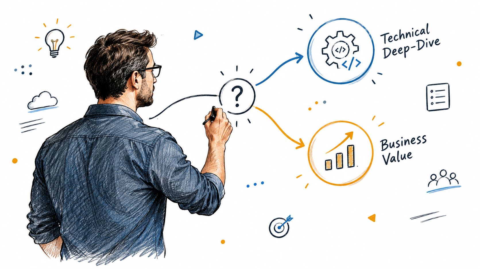 A professional man drawing a decision-making flowchart on a white board with technical and business options.