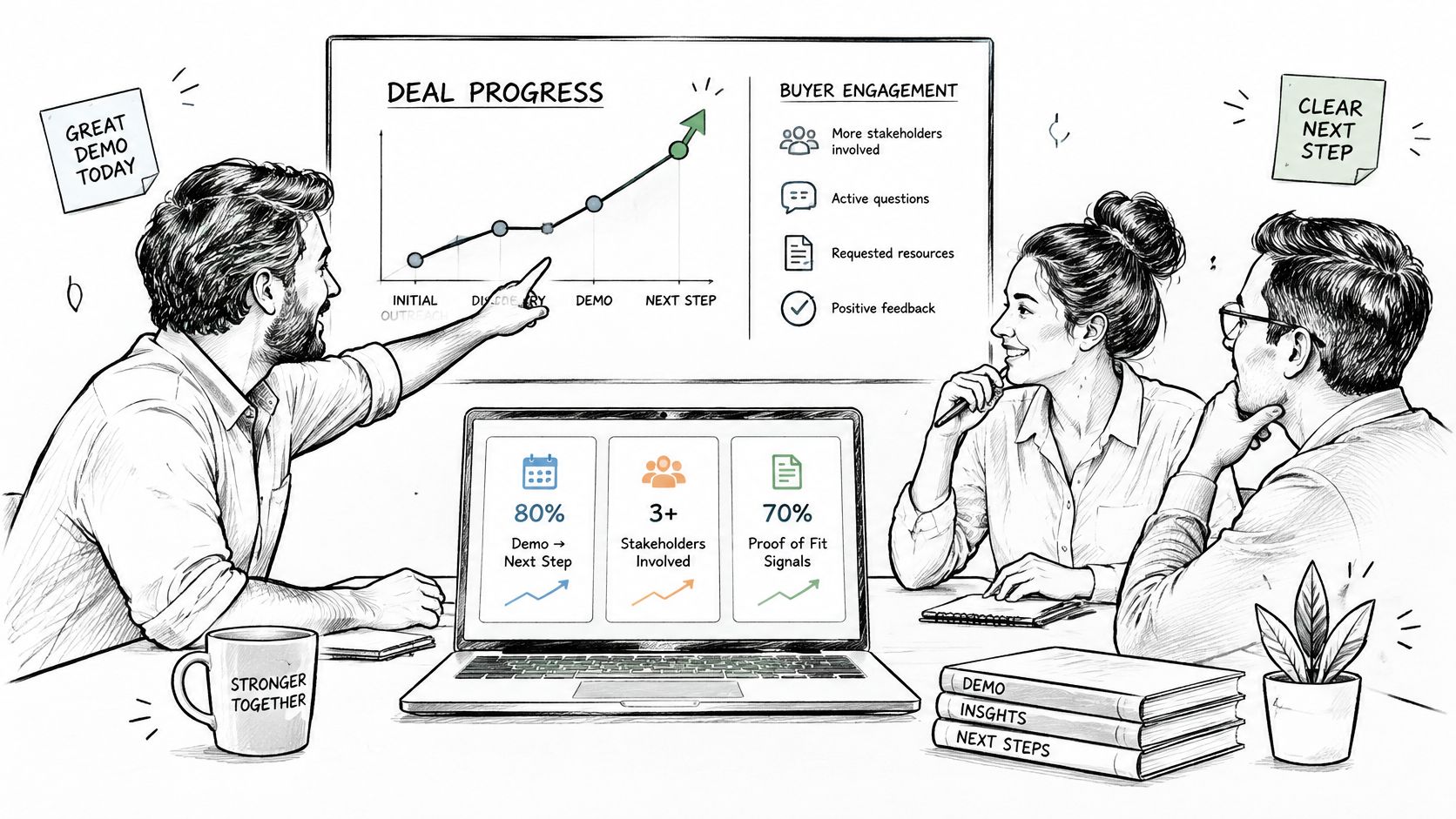 A professional team discussing sales deal progress and buyer engagement metrics in a collaborative office meeting setting.