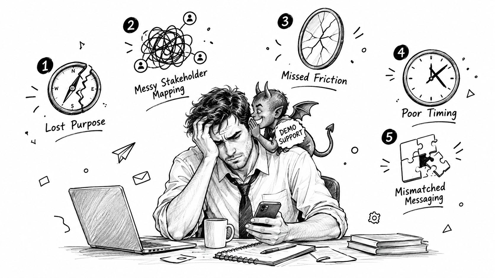 A stressed professional overwhelmed by work challenges like lost purpose, messy stakeholder mapping, and poor timing.