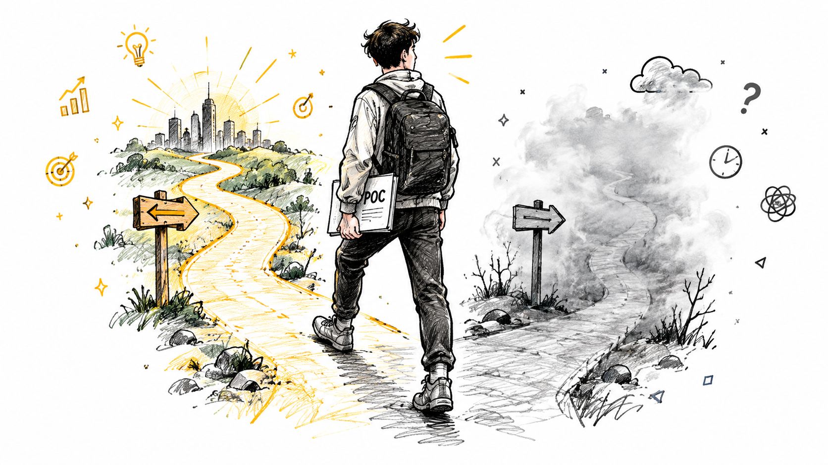 A student carrying a POC document standing at a crossroads between a bright city and fog