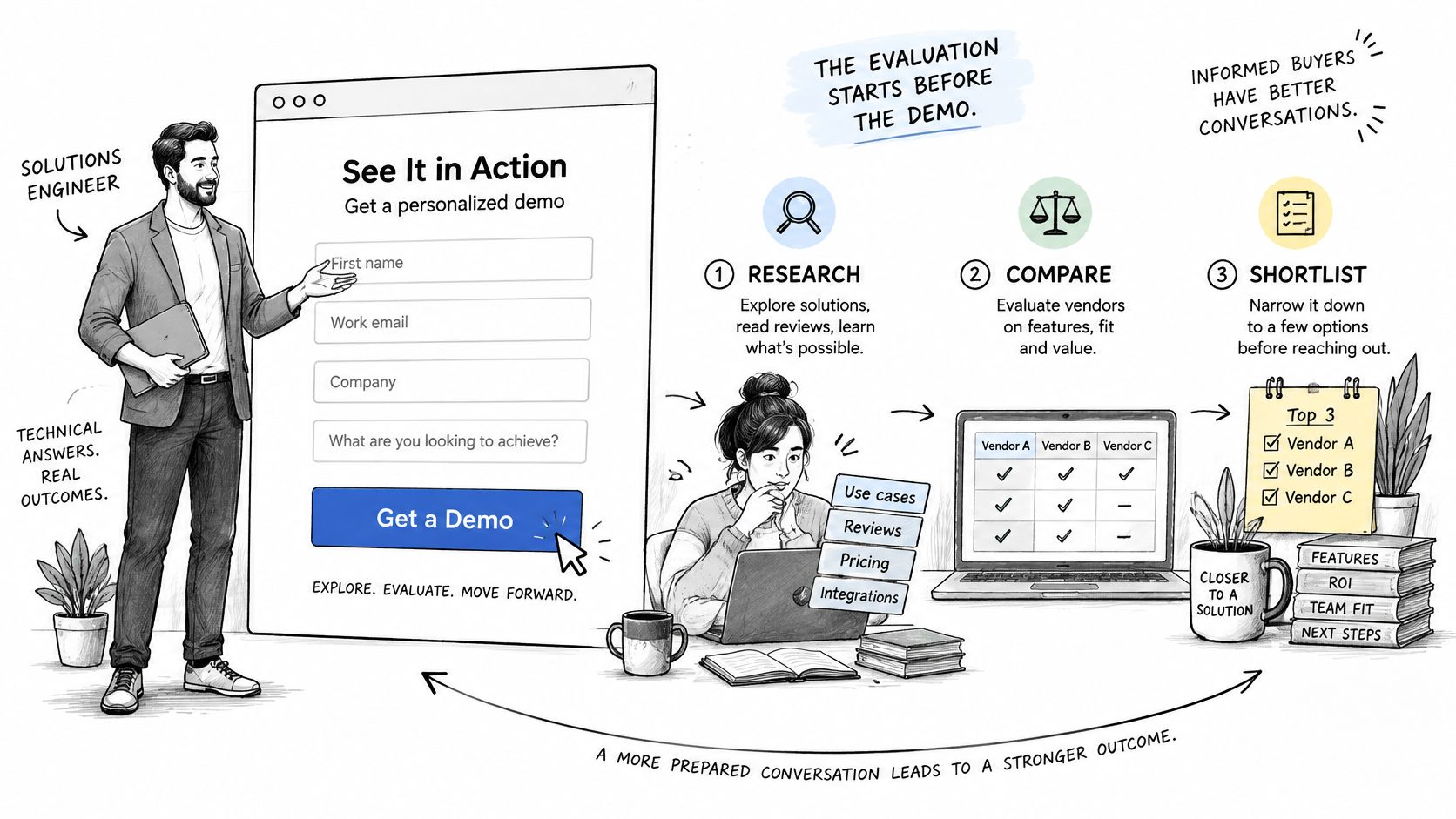 A hand-drawn illustration showing the buyer journey from researching solutions to requesting a personalized demo from a vendor.