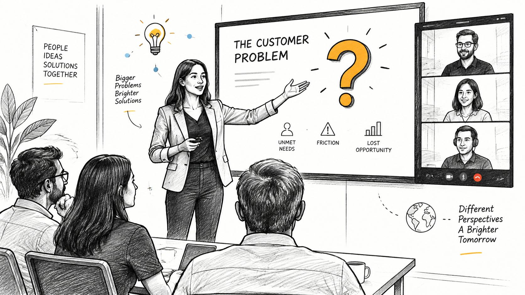 A businesswoman presenting to colleagues in an office and on a video call about customer problems.