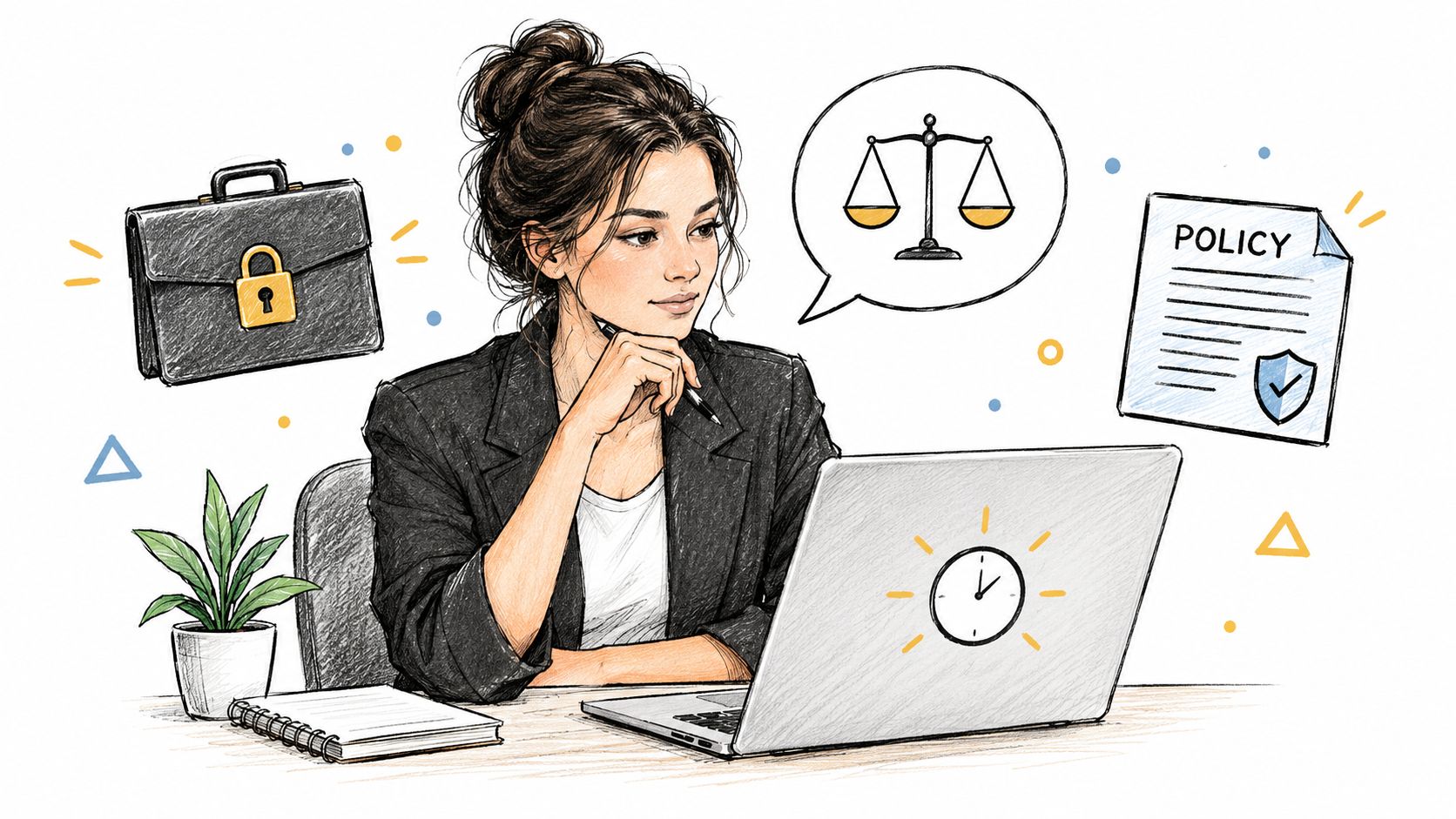 A professional woman at a desk with a laptop, briefcase, policy document, and scales of justice icon.