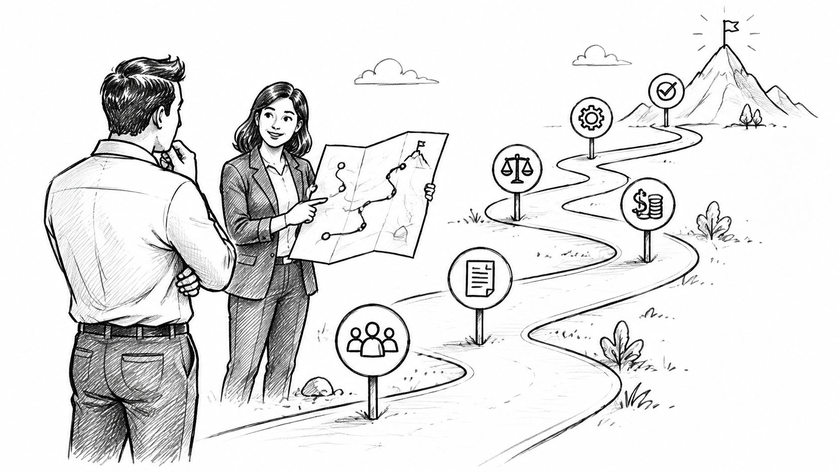 A professional woman explaining a strategic roadmap to a colleague with business milestone icons along a path.