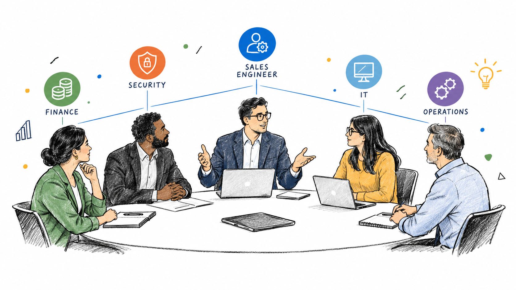 A diverse group of professionals collaborating in a meeting, representing finance, security, sales engineering, IT, and operations.