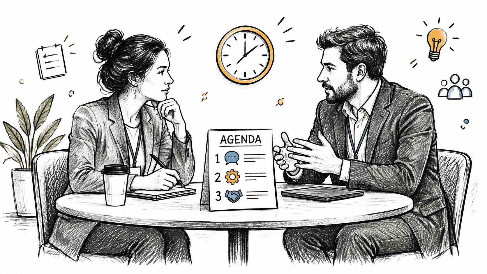 A professional man and woman having a business meeting at a table with an agenda sign.