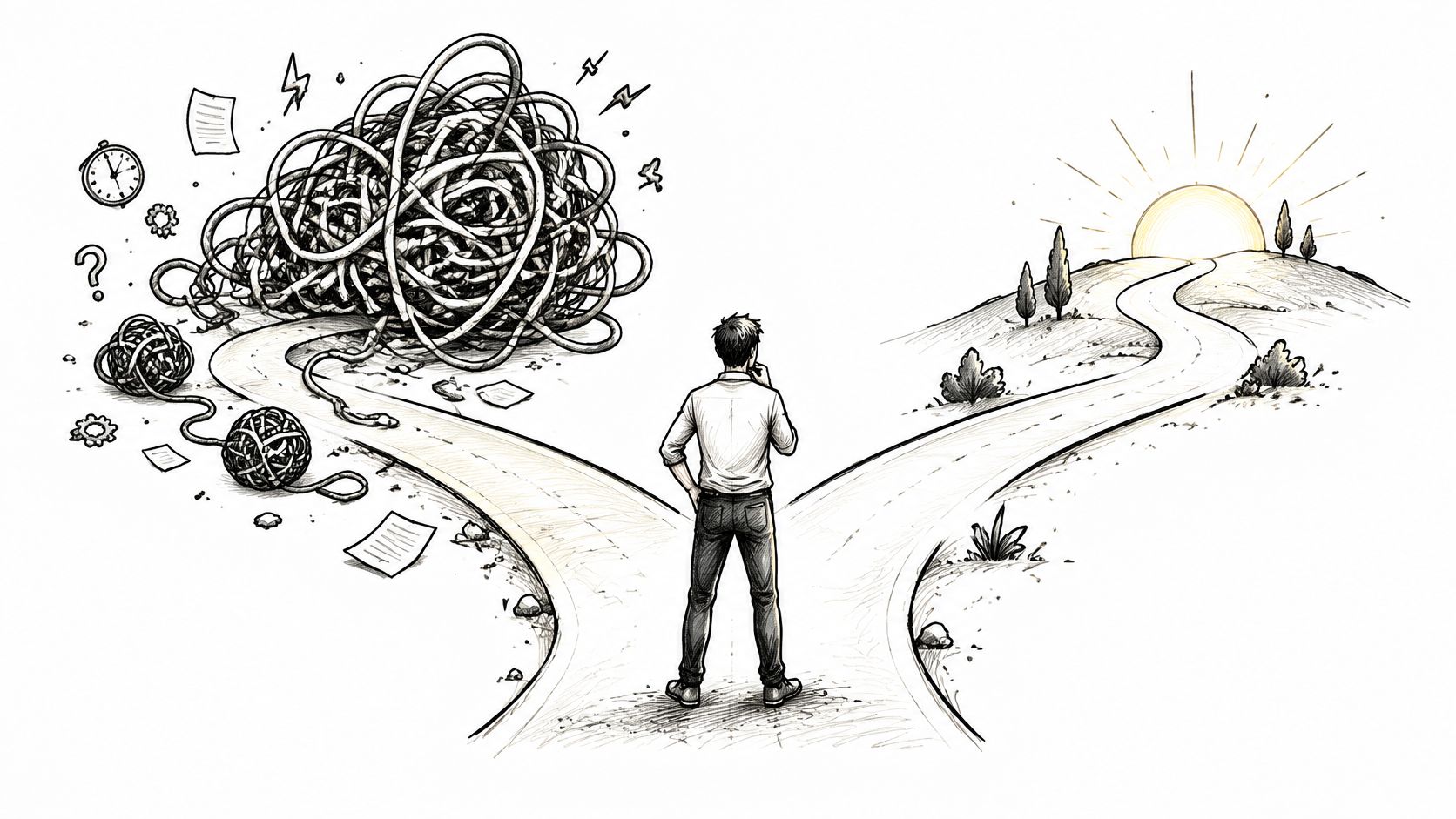 A person standing at a fork in the road choosing between a chaotic path and a clear one.