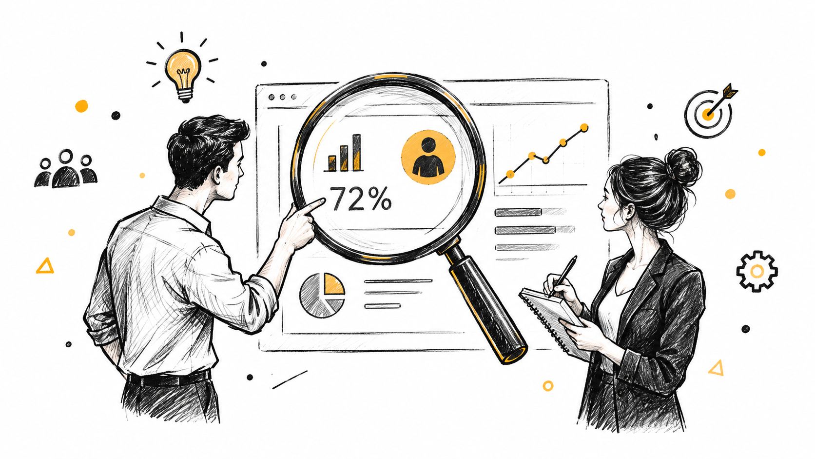 A professional man and woman analyzing data on a digital screen with a magnifying glass illustration.
