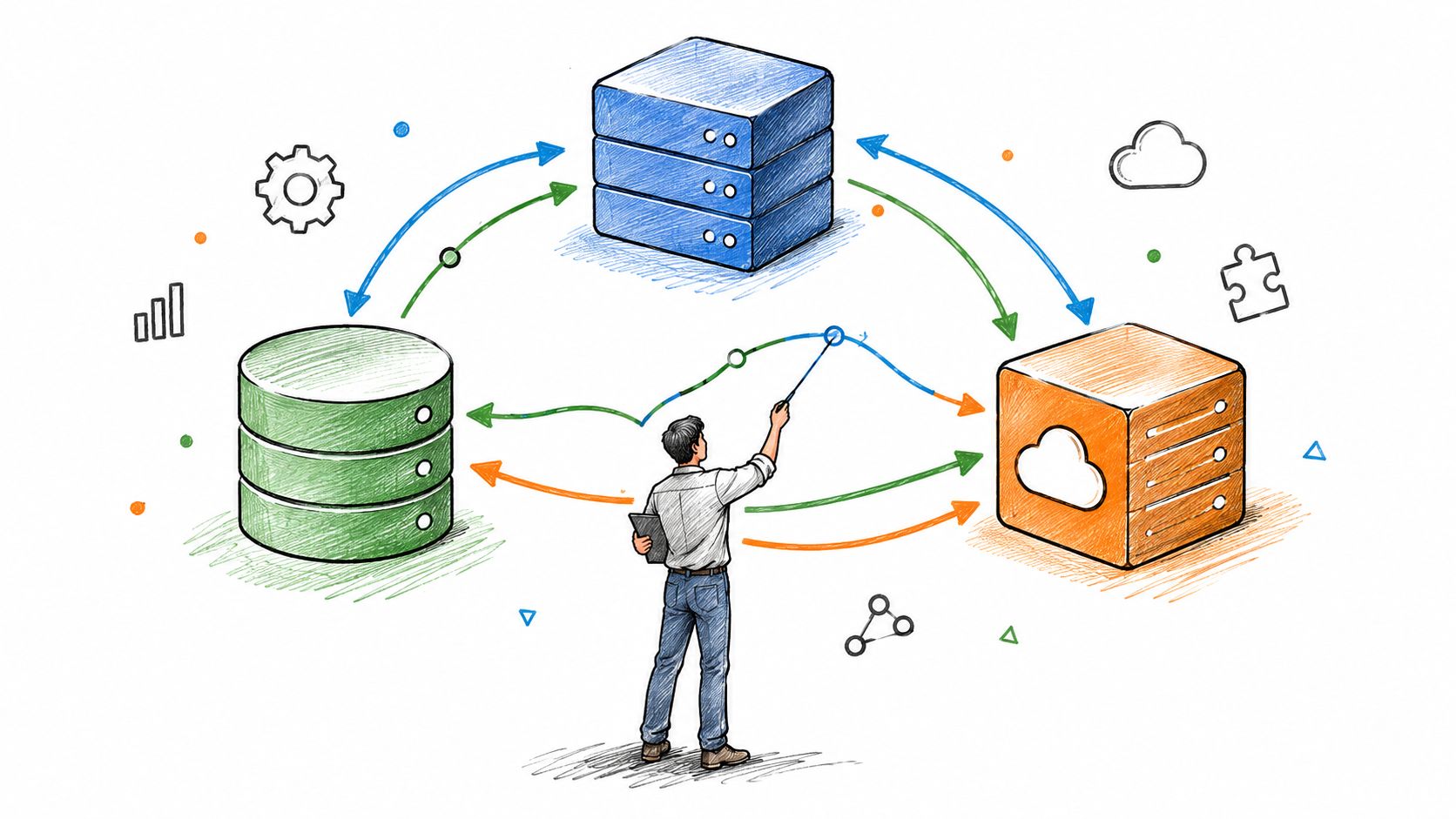 A professional analyzing data flows between a blue server, a green database, and an orange cloud server.