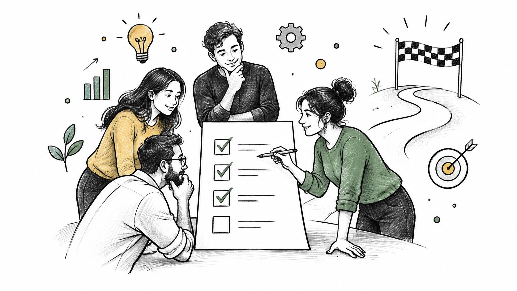 A team of professionals collaborating on a checklist to track progress and achieve business project goals.