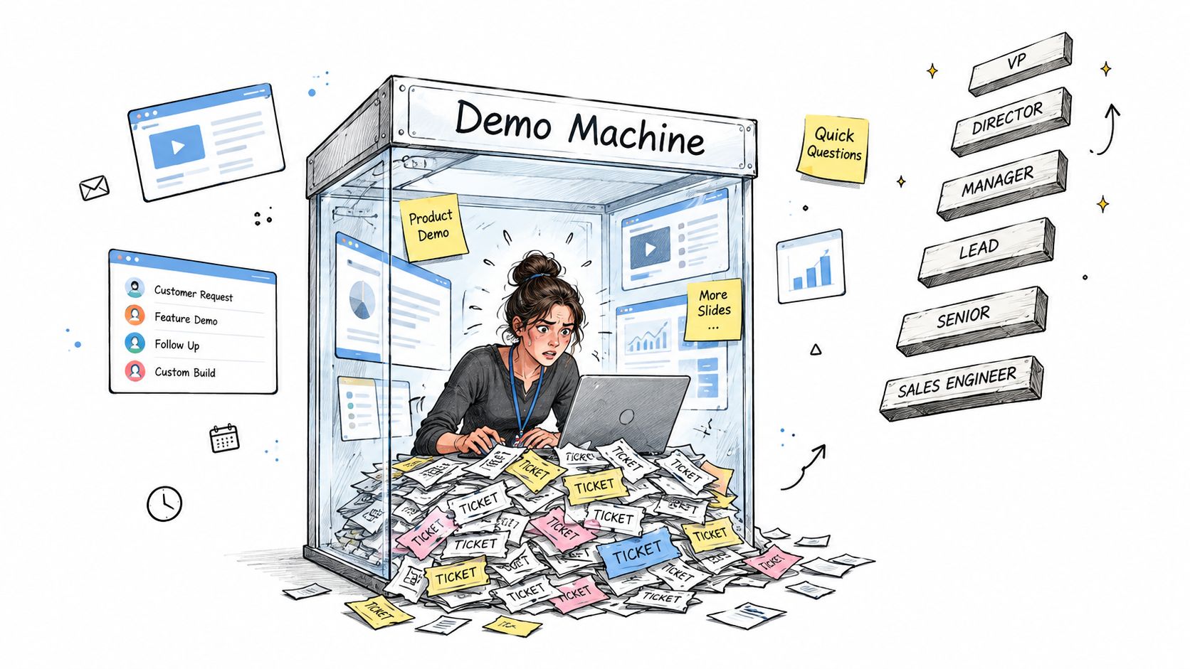 A stressed sales engineer buried under a pile of tickets inside a demo machine glass enclosure.