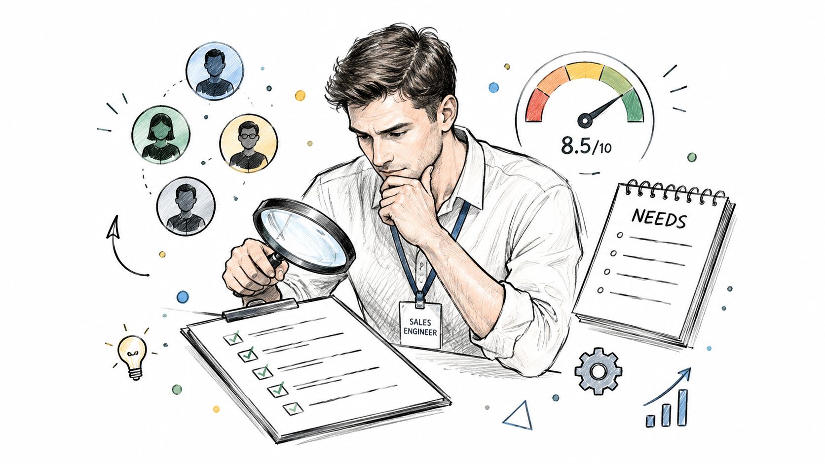 A professional sales engineer carefully reviewing a checklist while analyzing customer needs and performance data.