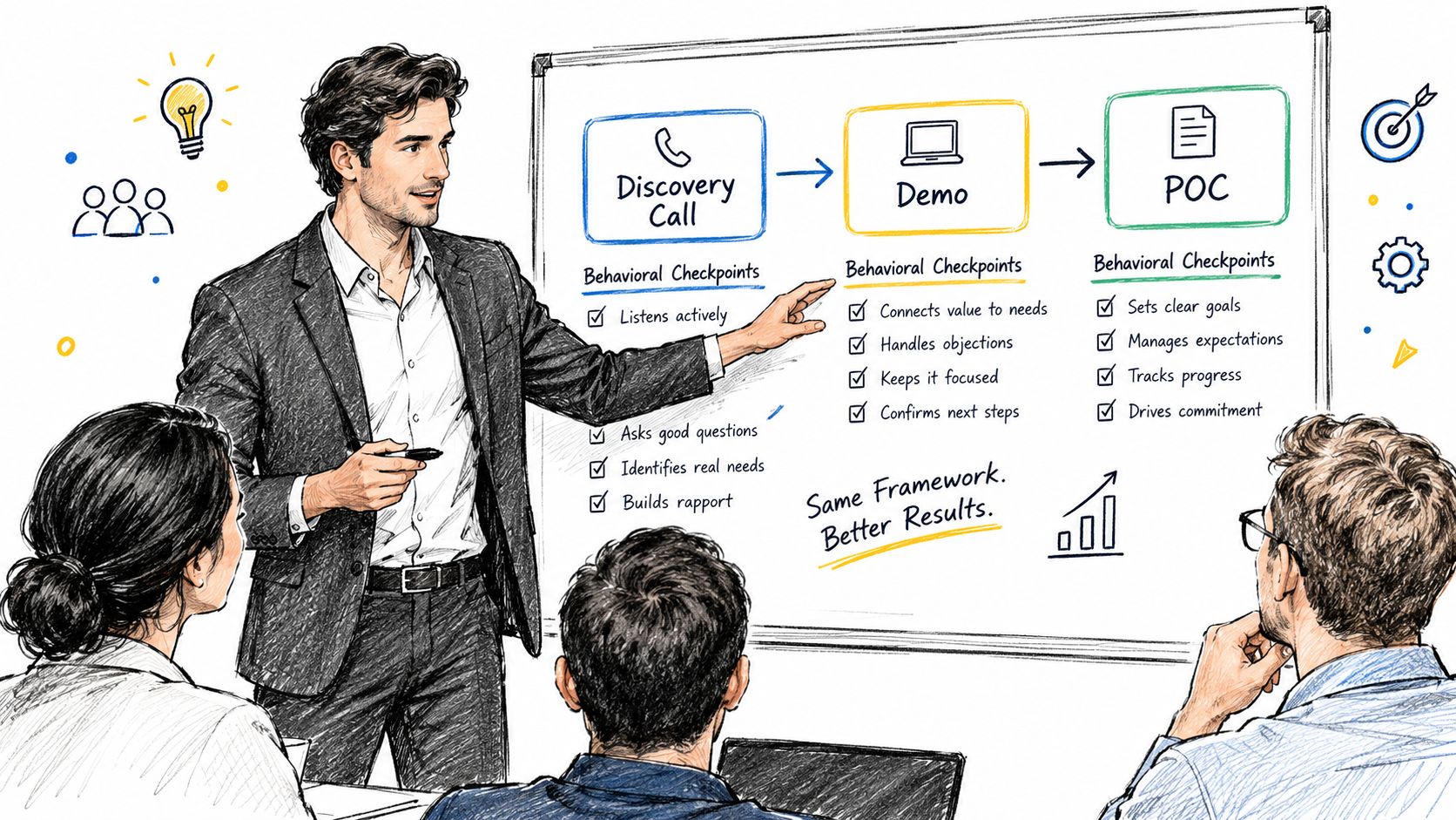 A professional presenter illustrates a structured sales framework on a whiteboard for an engaged office team.