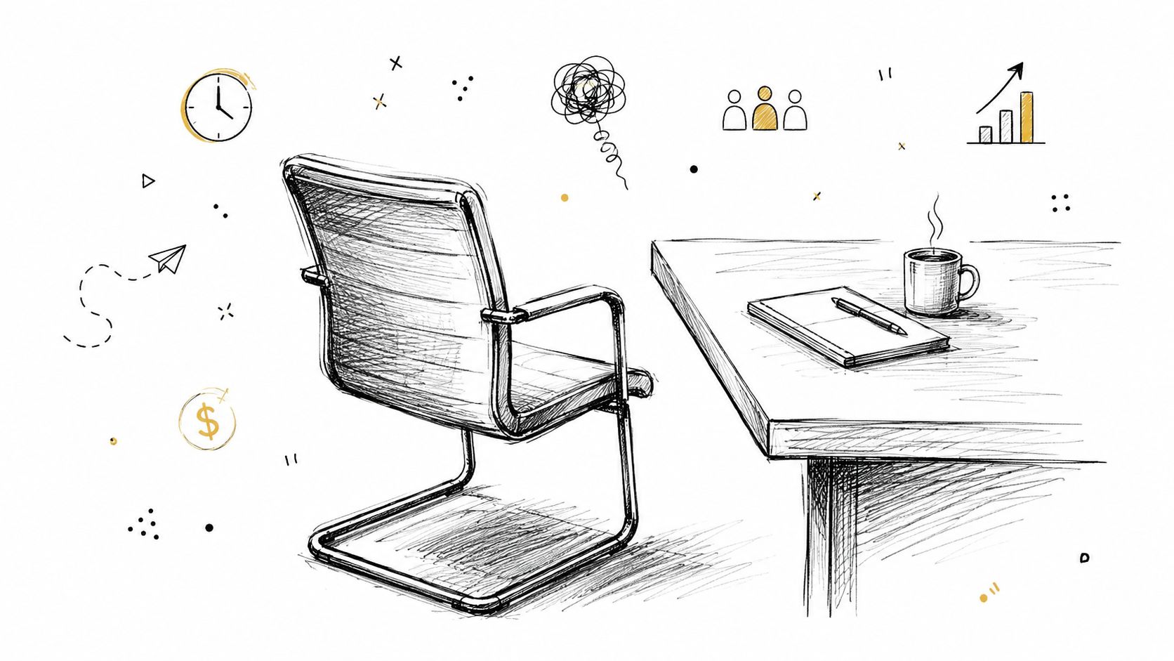 A hand-drawn sketch of a workspace featuring an empty office chair, a desk with a notebook, and a mug.