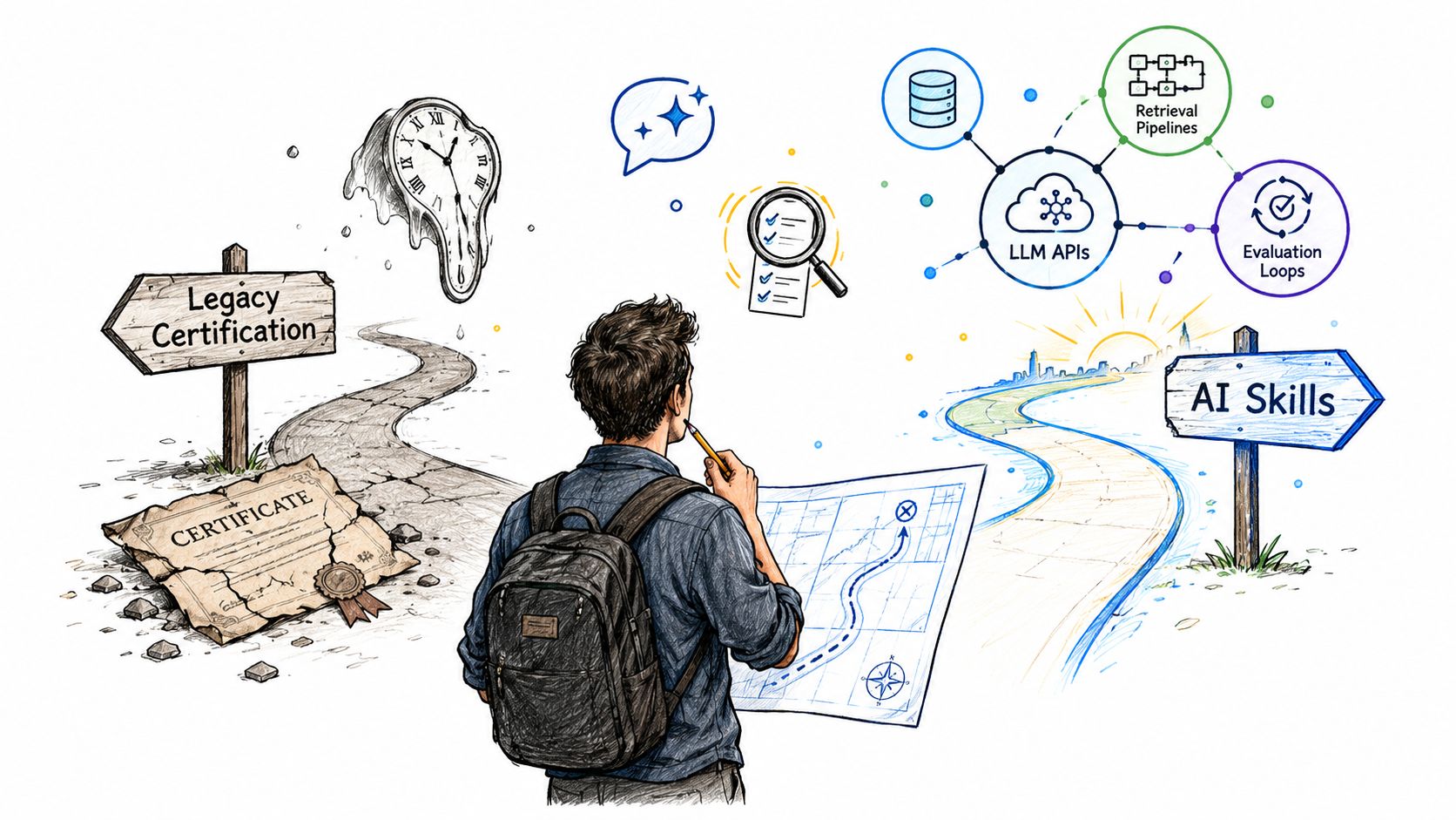 A student standing at a fork in the road choosing between legacy certification and modern AI skills.