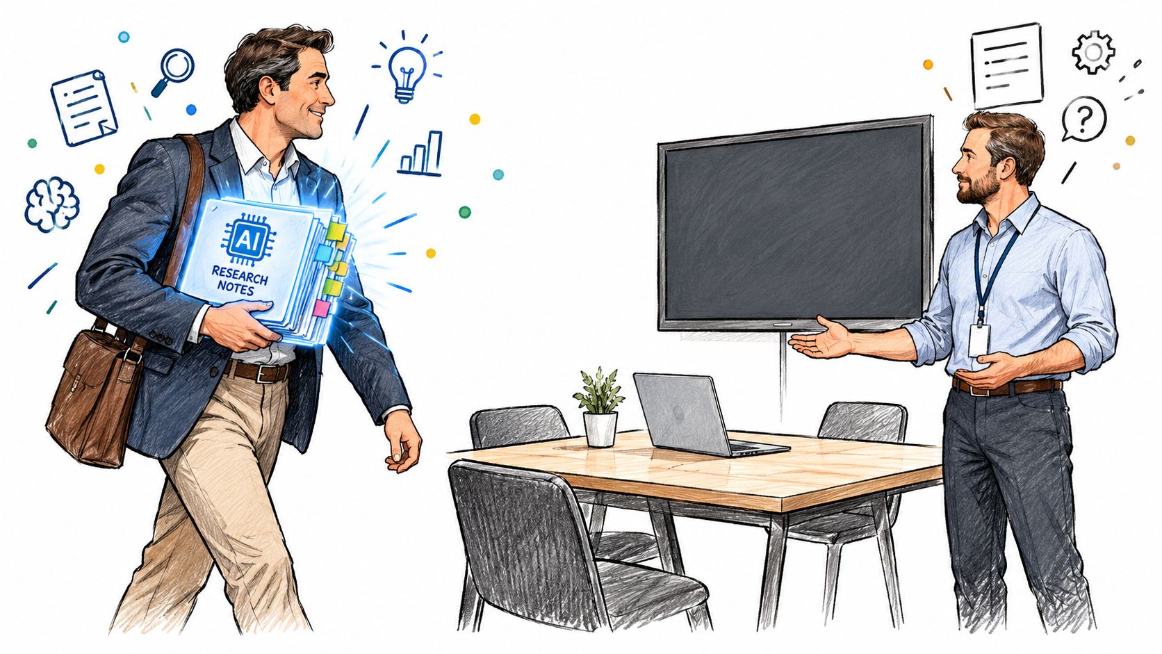 A professional man walking with AI research notes towards a colleague pointing at a display screen.