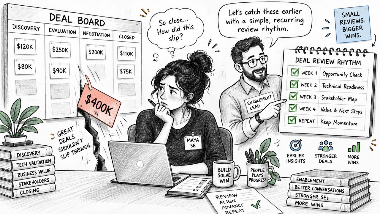 A professional illustration showing a sales engineer reviewing a recurring deal management process with a mentor.
