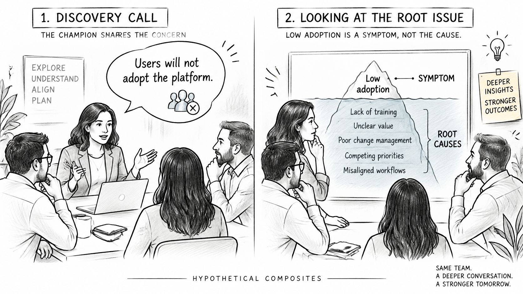 A hand-drawn illustration showing a business meeting discussing low adoption as a symptom versus its root causes.