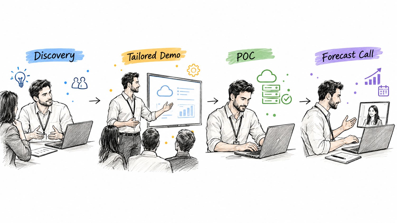 A hand-drawn illustration showing the technical sales process from discovery to demonstration, POC, and forecast call.