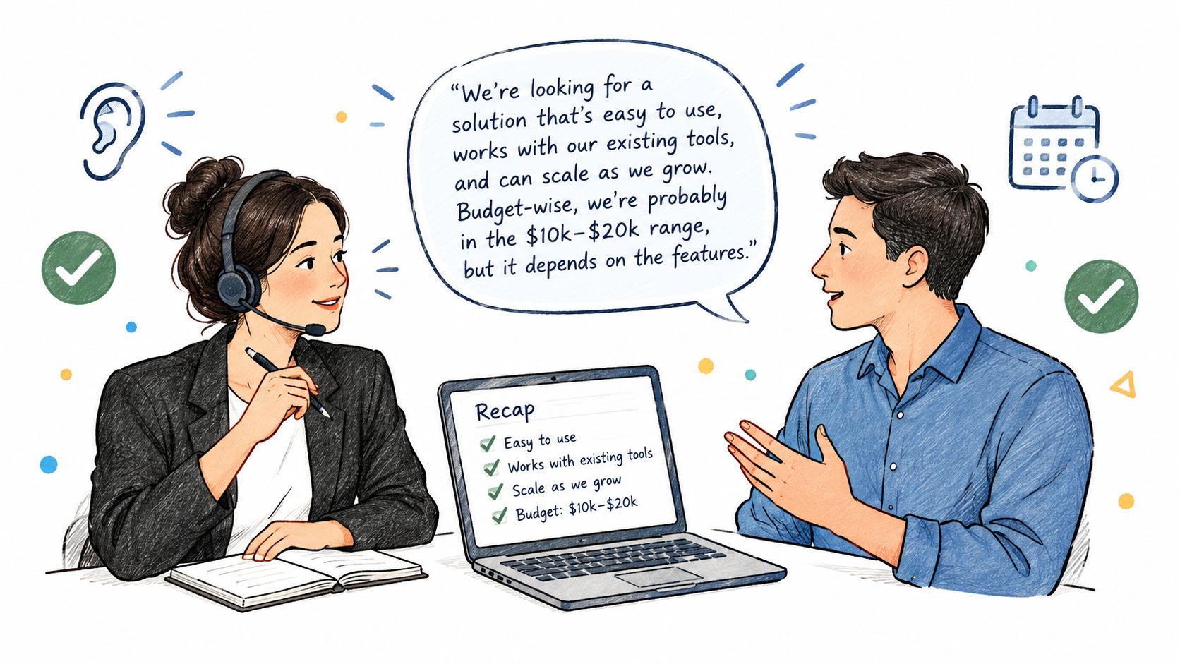 A professional woman listening to a man describing software requirements during a business meeting consultation.