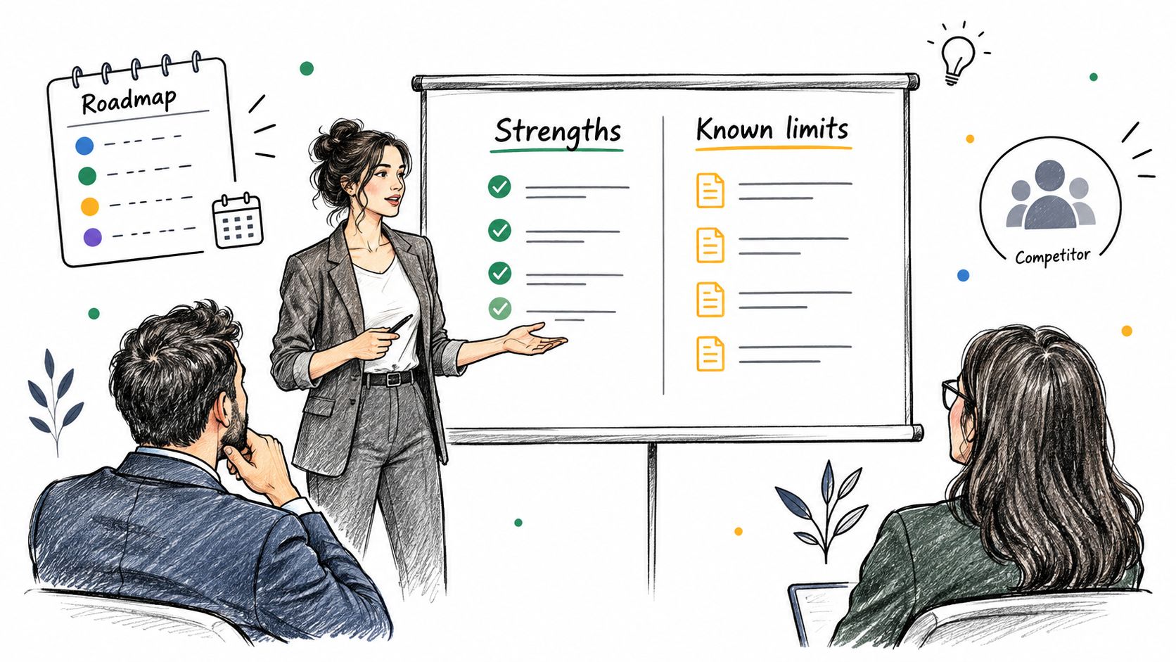 A professional woman presenting strengths and limits on a whiteboard during a business meeting with colleagues.