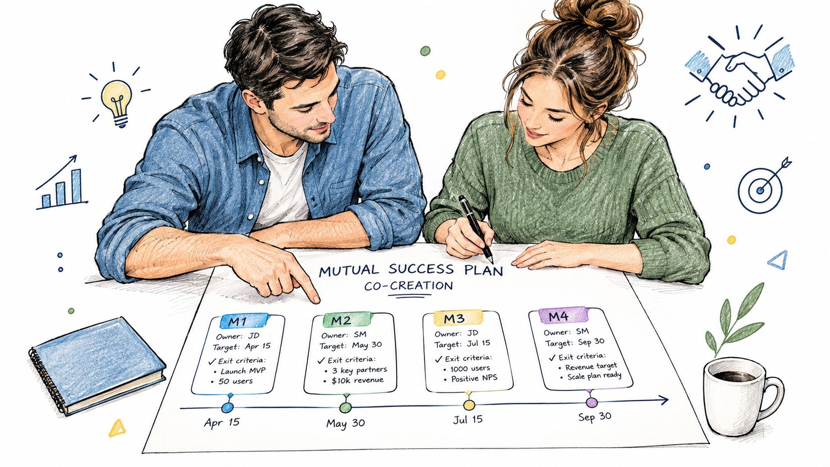 A man and woman collaborating on a business mutual success plan with milestones and exit criteria listed.